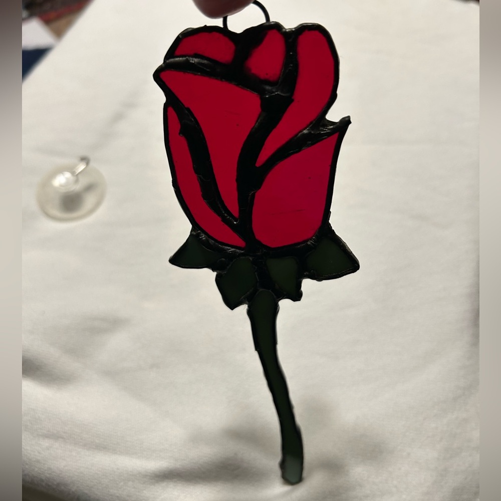 Vintage 1990’s Hand made Stained Glass Red Rose Ornament/ Sun catcher